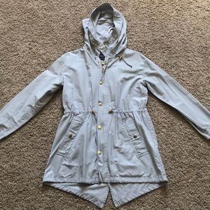 Gray button up jacket. Great for fall time.